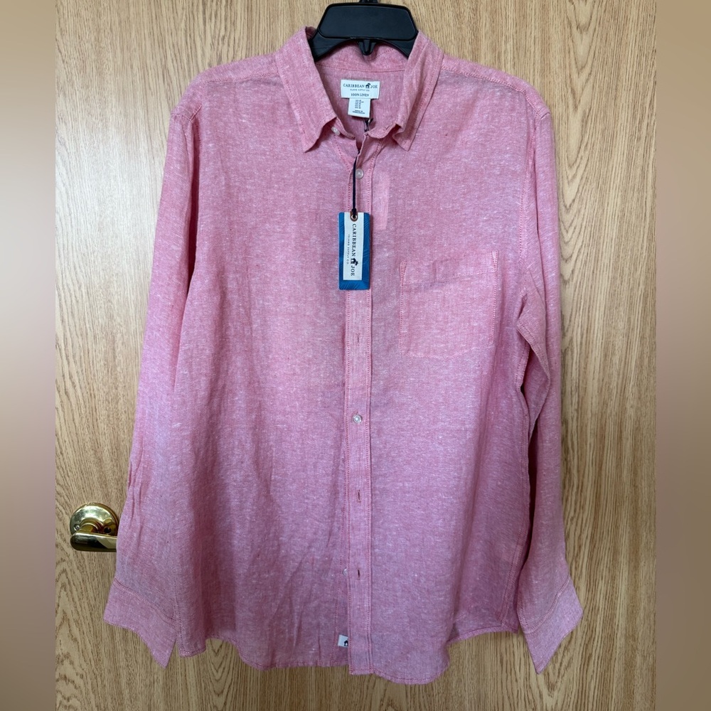 New Caribbean Joe Salmon 100 Linen Button Down Casual Shirt
